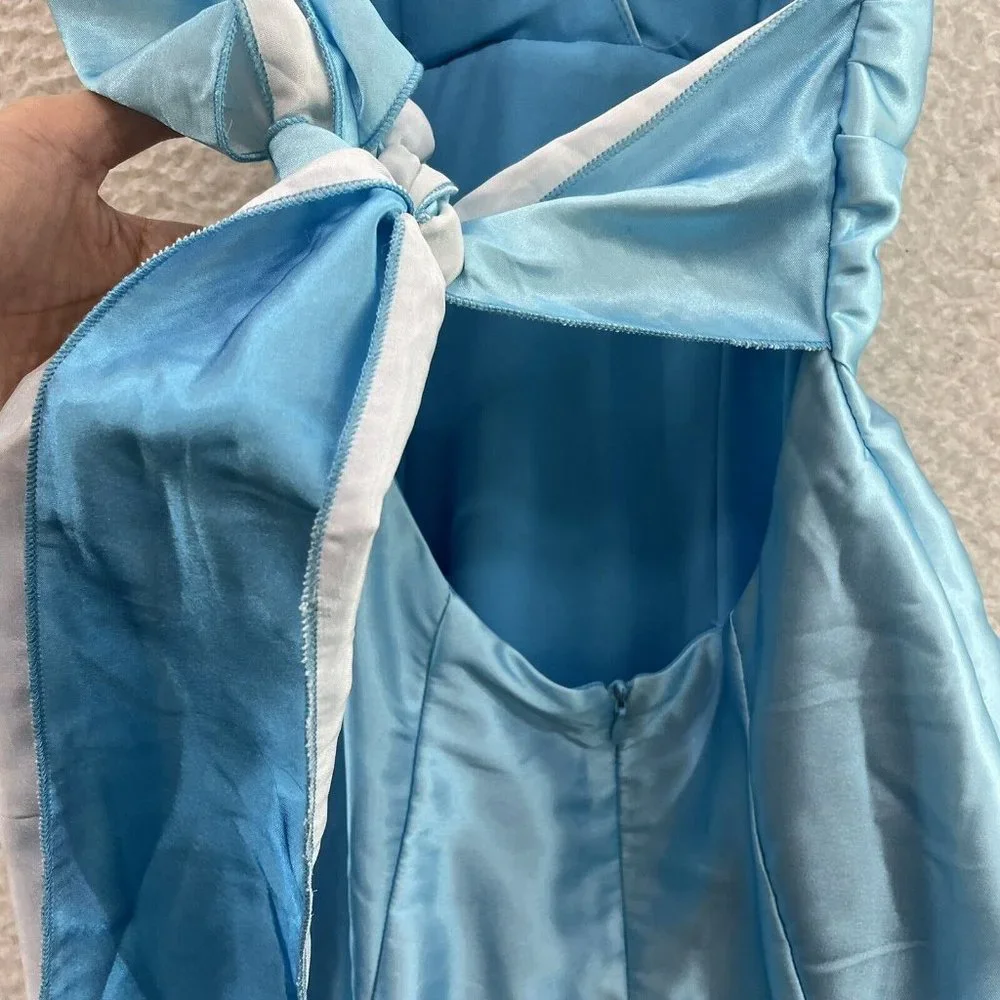 Y2K 2000s Baby Blue Satin Layer Open Back Halter Cinderella Fairy Mini Dress 4 S - Picture 5 of 8